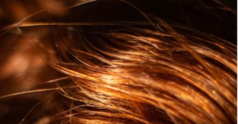 Close-up of dark auburn hair strands glowing with warm red-brown light