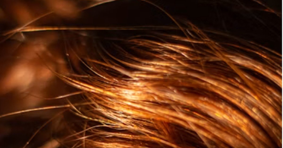 Close-up of dark auburn hair strands glowing with warm red-brown light