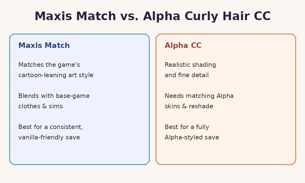 Maxis Match versus Alpha curly hair CC comparison chart for The Sims 4