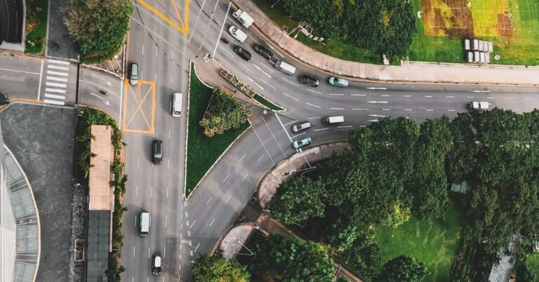Aerial view of a busy road intersection