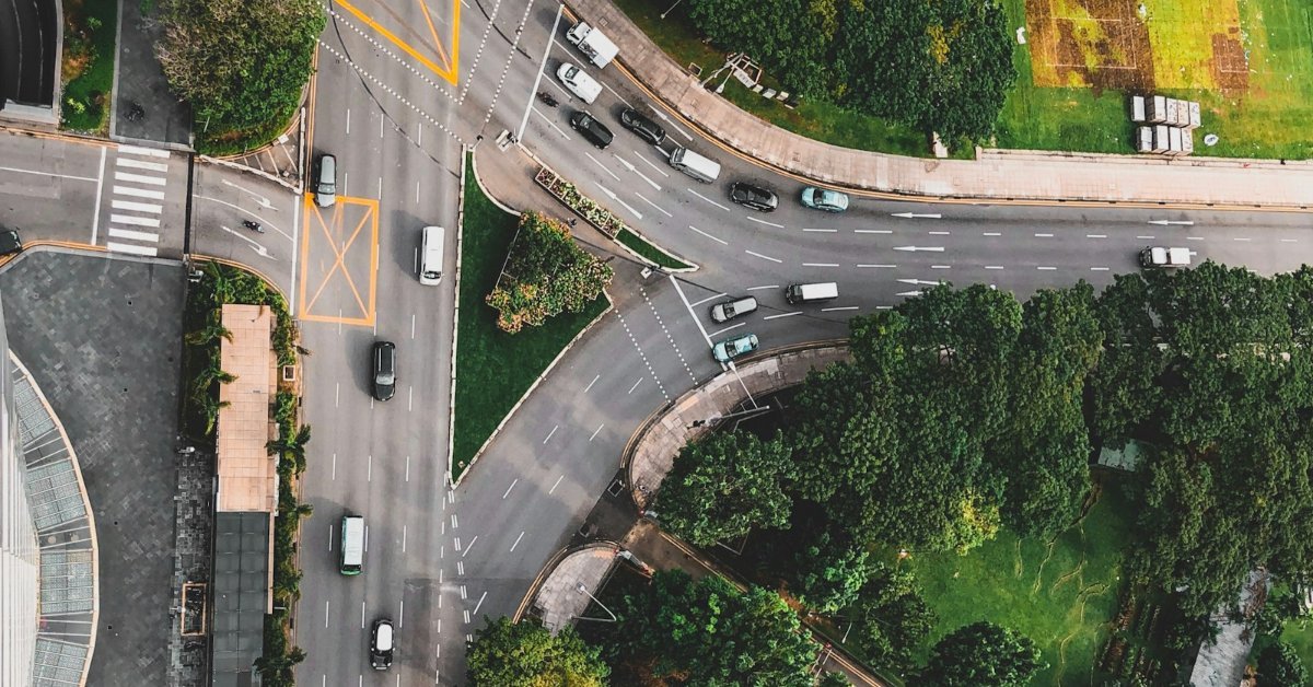 Aerial view of a busy road intersection